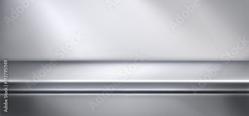 Steel kitchen counter with shiny metal surface. Modern 3D realistic vector background for product display. Empty glossy countertop in grey tones with steel texture and clean design.