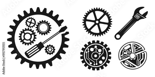 A collection of gears and tools showcasing mechanical engineering and craftsmanship Vector