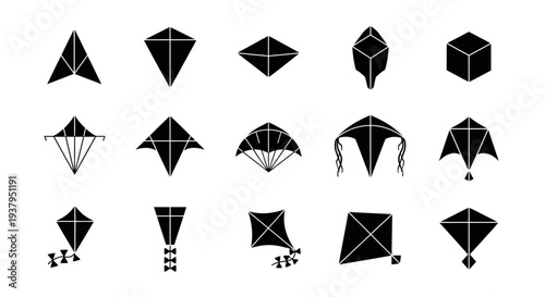 Collection of various kite designs and shapes on white background