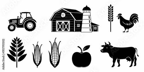 A collection of farm icons including a tractor, barn, silo, corn, apple, and more. Vector