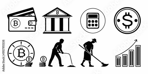 Financial icons representing various aspects of money and banking Vector
