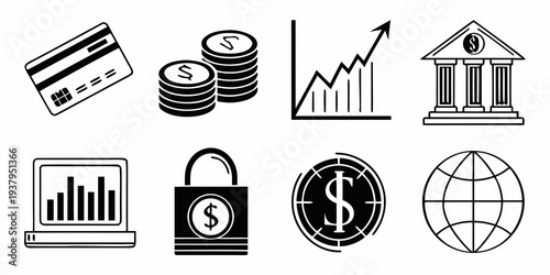 Diverse icons representing various aspects of finance and banking services Vector