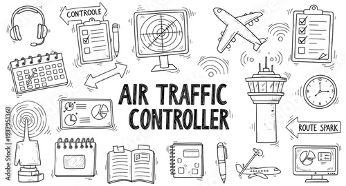 Air traffic controller icons and symbols for aviation and airport operations