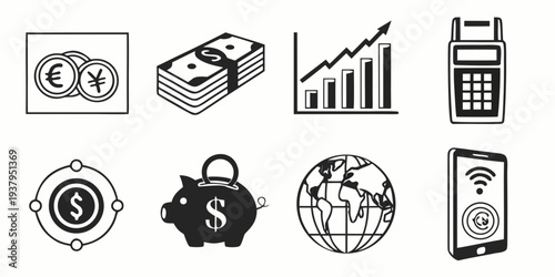 A collection of icons representing various aspects of finance and banking. Vector