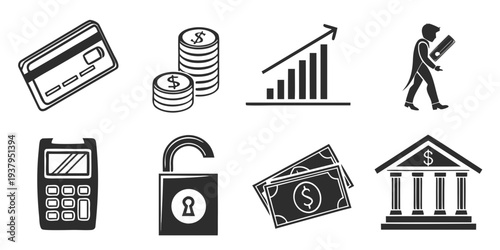 A collection of icons representing various aspects of finance and banking Vector