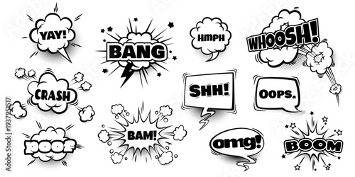 Comic sound effect balloons set isolated on white background. Vector cartoon illustration of black speech clouds, explosion boom design, graphic elements for retro style book or poster dialogue