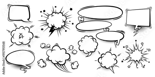 Comic book speech bubbles with pop art sound effect and halftone. Cartoon cloud doodle icons, empty speach frames, comix design templates vector set isolated on white background