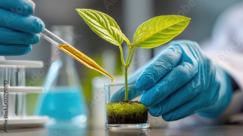 The essence of scientific discovery is shown as a scientist carefully feeds a small plant with nutrients through a pipette, embodying innovation and scientific investigation. 