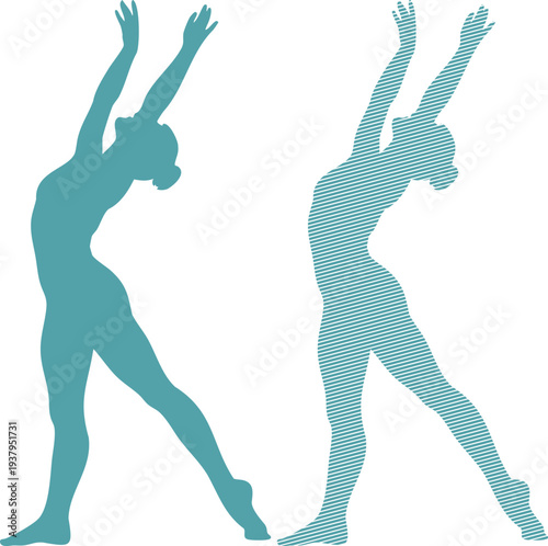 Two teal figures dancing with arms raised dance silhouette