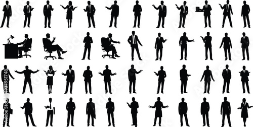 Business professional silhouettes, corporate executives, office teamwork, leadership gestures, workplace communication