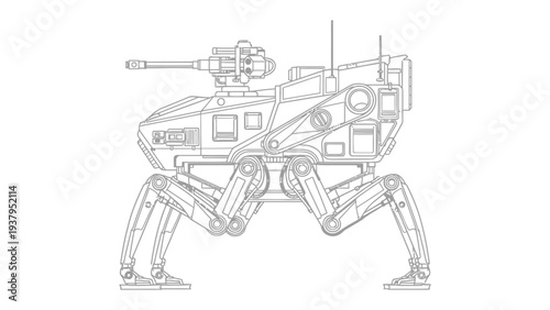 Technological Marvel: A futuristic, line-art illustration of a cutting-edge military vehicle, showcasing advanced technology and innovative design.