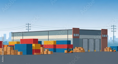 Industrial Warehouse with Shipping Containers and Boxes.