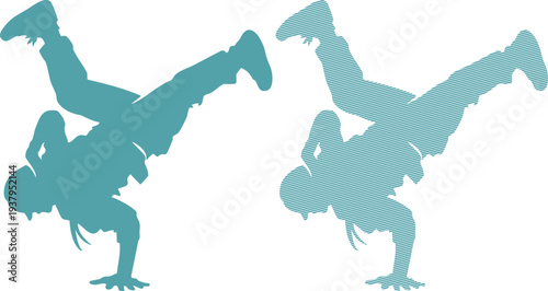 Two teal silhouettes of a breakdancer in a freeze pose
