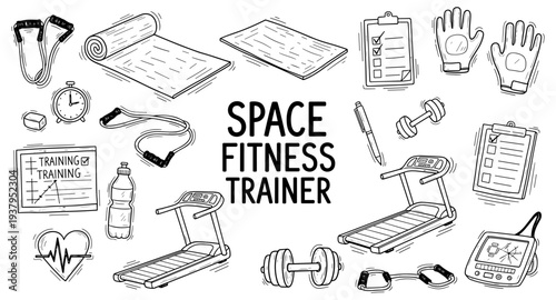 Hand-drawn fitness equipment and training plan illustration for a healthy lifestyle