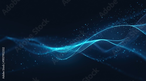 Abstract blue digital background with glowing dots and wavy light rays, deep blue base, digital art style, 8k high resolution, clear details