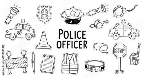 Collection of hand-drawn police officer equipment and symbols in a doodle style