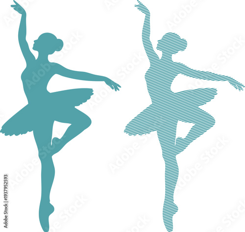 Two teal ballerinas in dance pose one solid one striped