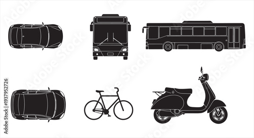 Transport vehicle set with car top view, bus front and side, bicycle and scooter, vector illustration