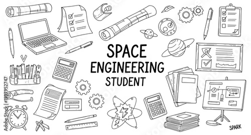 Space engineering student's desk with tools, laptop, and celestial bodies illustration
