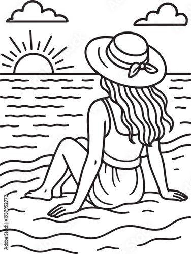 Vector illustration of a beautiful cartoon woman with long hair wearing a swimsuit and hat while sunbathing on the tropical summer beach sand by the blue ocean water during a hot travel vacation