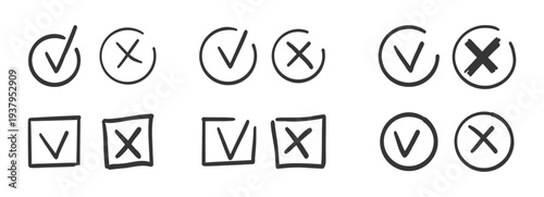 Check mark doodle icon set. Checkmarks and confirm. Ok, yes sign for agreement, done. tick. Cross signs for checkbox, checklist, v in sketch.