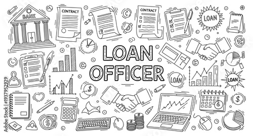 Loan officer profession concept with handshakes, contracts, and financial graphics