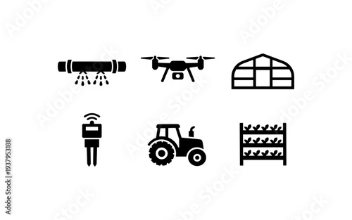 Modern agriculture technology icons including drone, tractor, and smart irrigation system