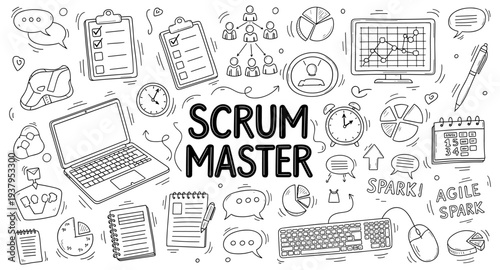 Scrum Master concept with icons for agile methodology, teamwork, and project management