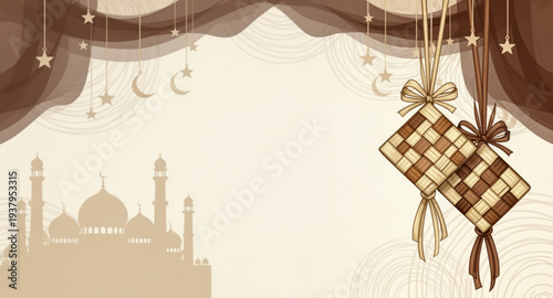 Elegant Eid Mubarak Background with Ketupat and Mosque Silhouette