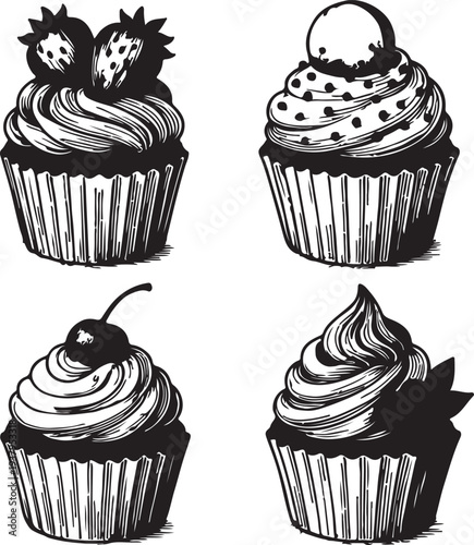 A delicious collection of sweet birthday cupcakes and cakes featuring pink strawberry cream, chocolate icing, and cherry toppings in a vector cartoon bakery illustration set