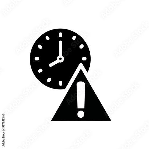 Exclamation point and clock icon. Expired symbol. Vector graphic, not Artificial Intelligence, logo illustration. Replaceable vector design.