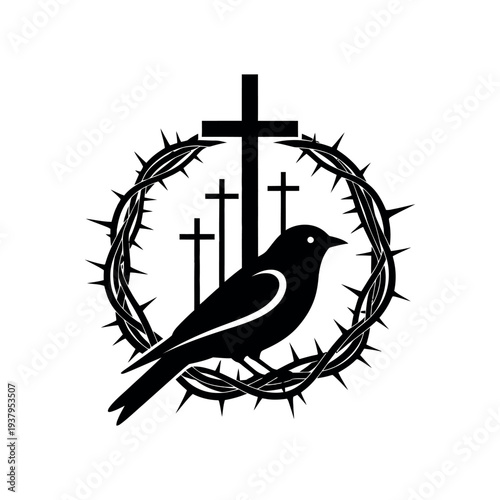 Easter sunday symbolism crosses crown of thorns and bird hope