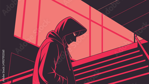 A hooded figure walking down a staircase in a modern building