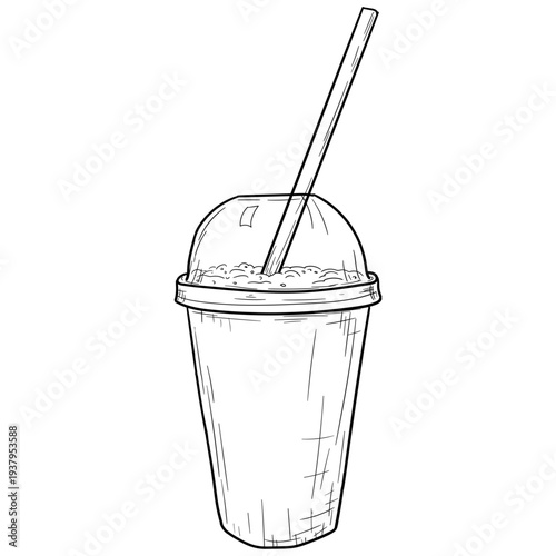 Cocktail in a glass with a straw, black and white sketch. Vector illustration. Cold summer drink, isolated on a white background. Plastic soda cup, hand drawn. Not AI