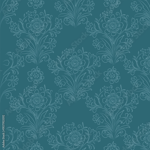 Floral botanical line art with flowers, buds, and leaves. Vector illustration. Elements of wild and garden plants and herbs on seamless pattern. For printing on fabric, invitations, and nursery decor