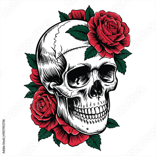 A detailed black and white illustration depicts a human skull encircled by lush, deep red roses and dark green foliage.