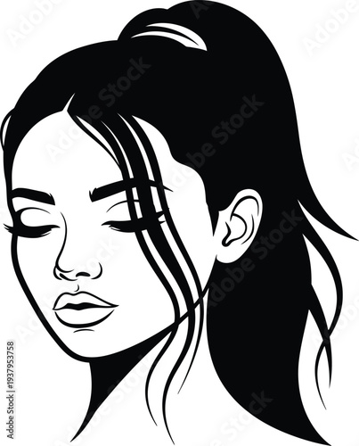Black and white illustration of a woman with a ponytail
