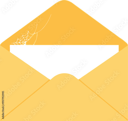 Empty opened yellow envelope with a spider web inside
