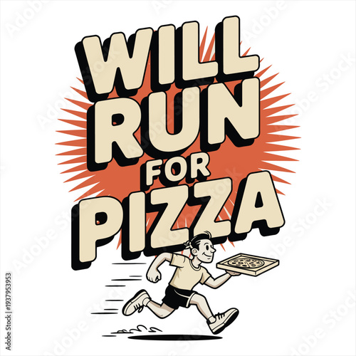 Cartoon runner is motivated to exercise by the promise of receiving a pepperoni pizza box in this graphic design.