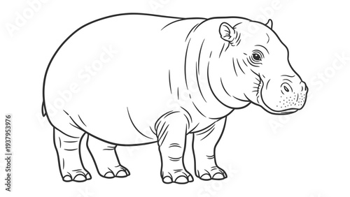 Hippopotamus Illustration: A detailed black and white illustration of a hippopotamus, ideal for educational or artistic applications.