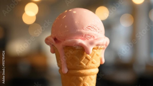 Melting Pink Ice Cream Cone Closeup.