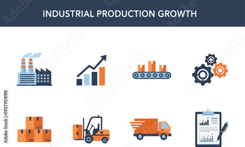 Illustrated infographic titled Industrial Production Growth featuring factory charts conveyor gears boxes forklift truck and clipboard