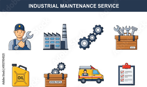 Image showcasing industrial maintenance service icons worker factory gears toolbox oil can spare parts van checklist