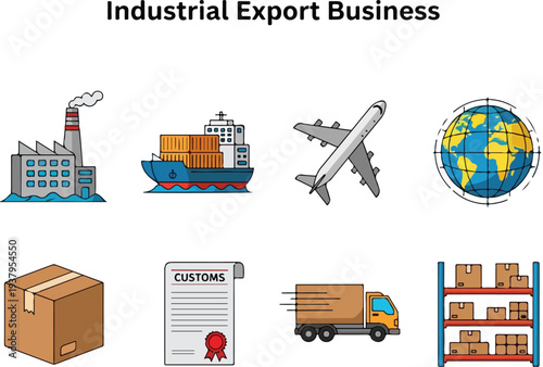 Iconographic illustration of industrial export business featuring factory cargo ship airplane globe parcel customs document truck and storage shelves