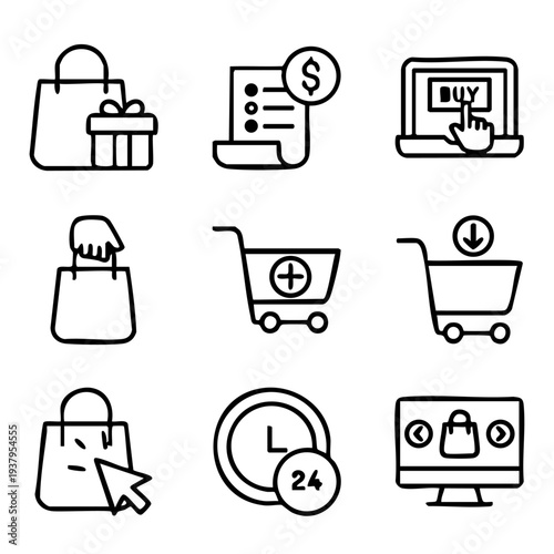 A set of nine black and white icons depicting various aspects of online shopping and e-commerce, including shopping bags, laptops, carts, and payment symbols. The icons are simple, modern, and minimal