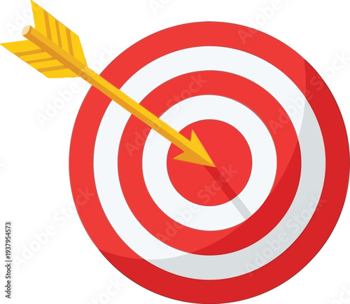 Arrow hitting center of red and white bullseye target board icon