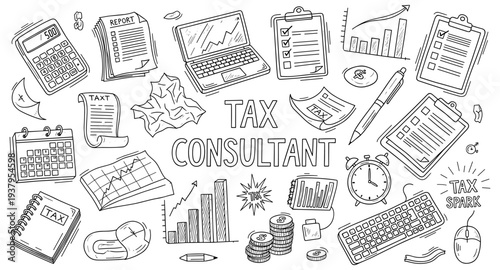 Tax consultant doodles with calculator, laptop, calendar, charts, and coins