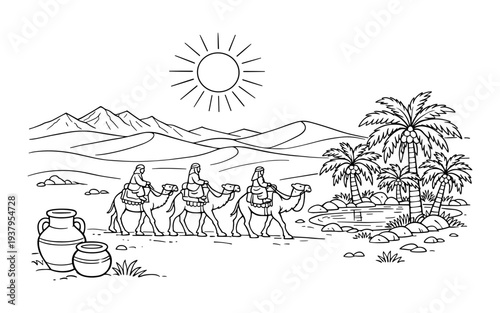 Three wise men on camels journeying through a desert landscape with palm trees
