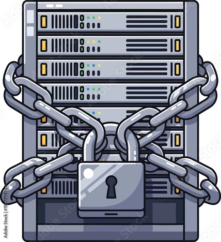 Data server rack secured with metal chains and large padlock