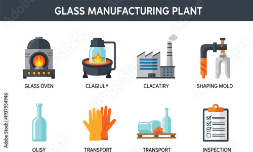 Cartoonstyle illustration depicting a glass manufacturing process Includes oven furnace factory mold bottles gloves and inspection checklist